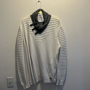 White Textured Sweater with Gray Clip Turtleneck